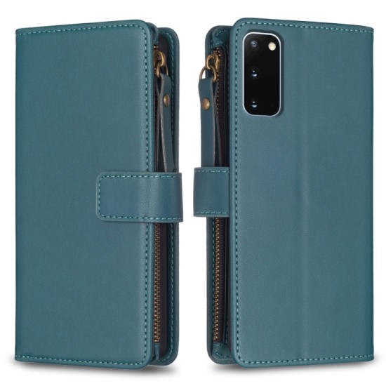 Samsung Galaxy S20 dėklas knygutė su 9 skyreliais viduje Zipper, žalias