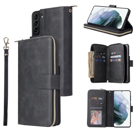 Samsung Galaxy S21+ Plus dėklas knygutė su 9 skyreliais viduje Zipper, juodas Samsung Galaxy S21+ Plus dėklas knygutė su 9 skyreliais viduje Zipper, juodas