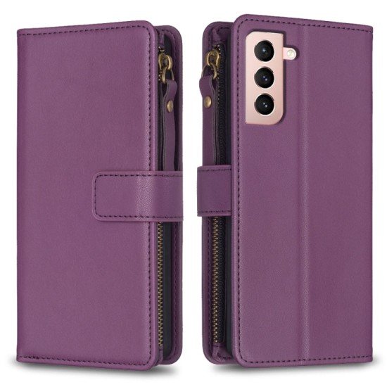 Samsung Galaxy S21 dėklas knygutė su 9 skyreliais viduje Zipper, violetinis