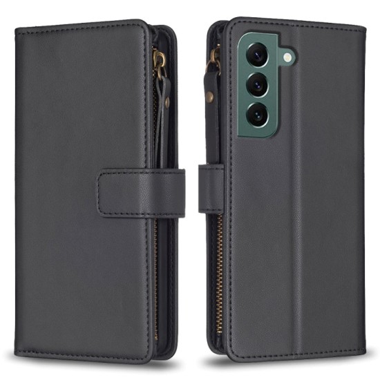 Samsung Galaxy S22+ Plus dėklas knygutė su 9 skyreliais viduje Zipper, juodas Samsung Galaxy S22+ Plus dėklas knygutė su 9 skyreliais viduje Zipper, juodas
