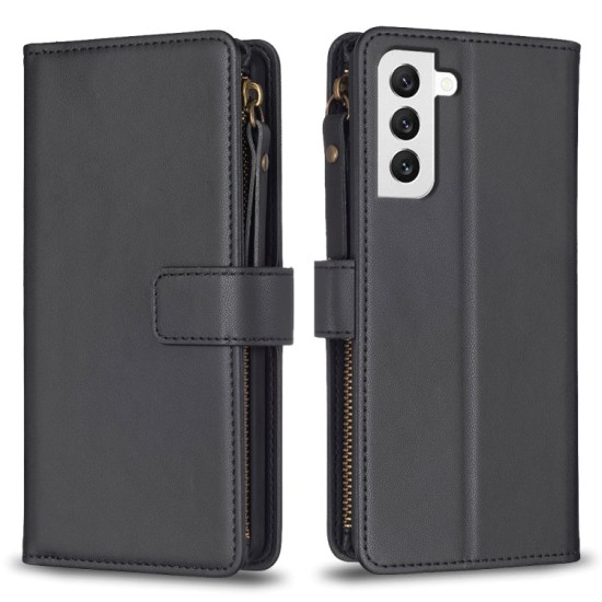 Samsung Galaxy S22 dėklas knygutė su 9 skyreliais viduje Zipper, juodas