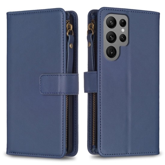 Samsung Galaxy S24 Ultra dėklas knygutė su 9 skyreliais viduje Zipper, mėlynas Samsung Galaxy S24 Ultra dėklas knygutė su 9 skyreliais viduje Zipper, mėlynas