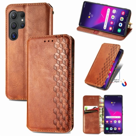Samsung Galaxy S25 Ultra dėklas knygutė Cubic Grid, rudas