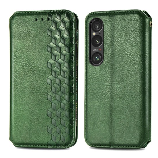 Sony Xperia 1 VI dėklas knygutė Cubic Grid, žalias Sony Xperia 1 VI dėklas knygutė Cubic Grid, žalias