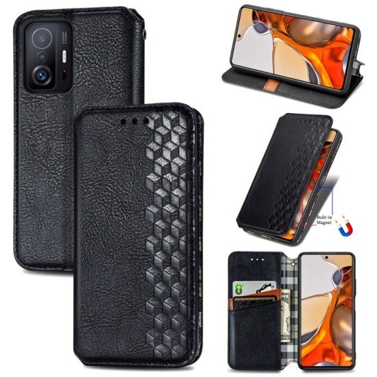 Xiaomi 11T / 11T Pro dėklas knygutė Cubic Grid, juodas Xiaomi 11T / 11T Pro dėklas knygutė Cubic Grid, juodas