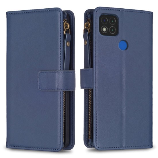 Xiaomi Redmi 9C dėklas knygutė su 9 skyreliais viduje Zipper, mėlynas