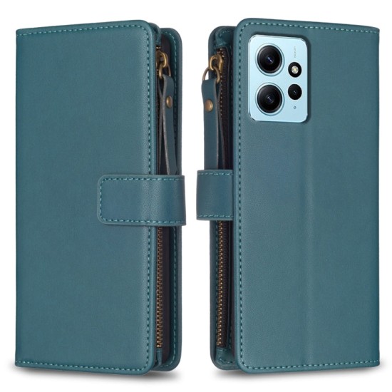 Xiaomi Redmi Note 12 4G dėklas knygutė su 9 skyreliais viduje Zipper, žalias Xiaomi Redmi Note 12 4G dėklas knygutė su 9 skyreliais viduje Zipper, žalias