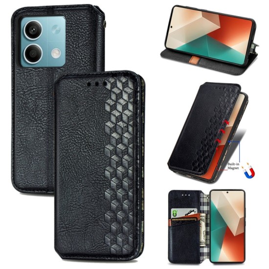 Xiaomi Redmi Note 13 5G dėklas knygutė Cubic Grid, juodas